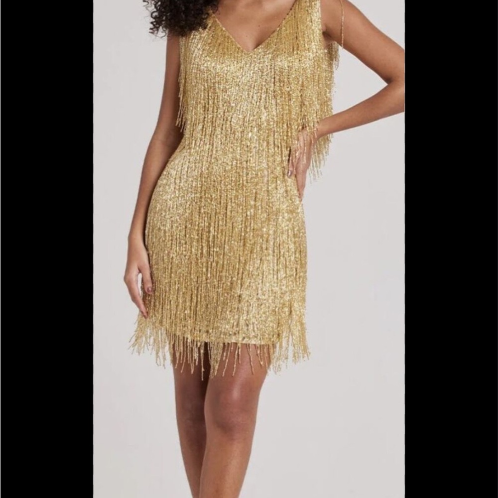 NADINE MERABI Gold Mini Sheath Dress with Sleeveless Design and Scoop Neck
